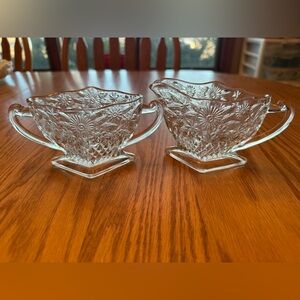 Vintage Indiana Glass Pineapple & Floral Diamond Shaped Creamer & Sugar Bowl